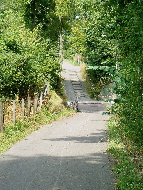 An unexpected surprise sprung by the cycle route: a sudden steep slope straight down onto a road.