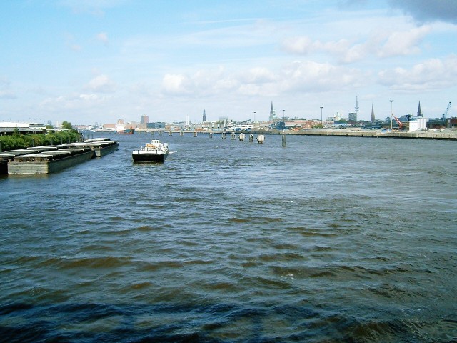 Hamburg seen from a bridge over the River Elbe.