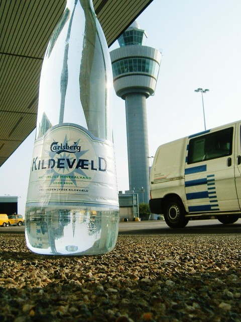 Schiphol Airport, featuring the Carlsberg water which I bought in Denmark.