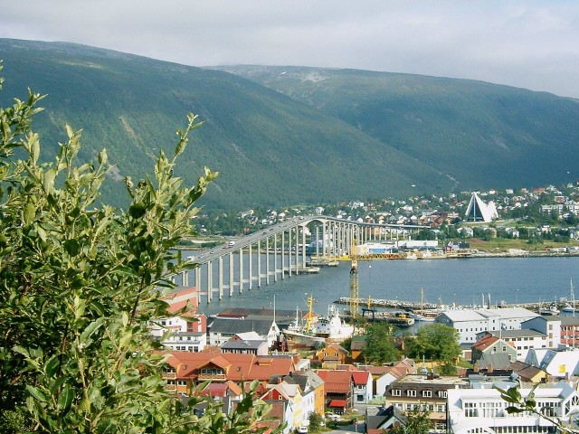 Troms�. The Arctic Ocean Cathedral can be seen on the other side of the water.