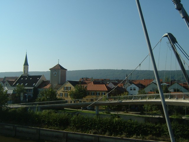Kelheim, seen from the bridge. The shorter clock tower is on one of the gates of the old town.