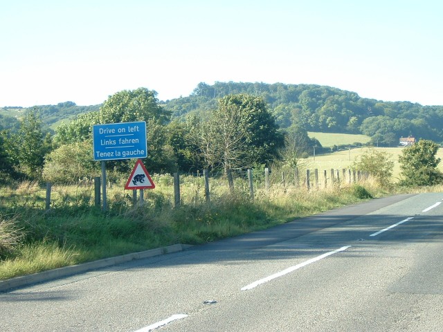 Near the Channel Tunnel terminal at Folkestone. Drive on the left. Beware of Frogs. Ho ho ho.