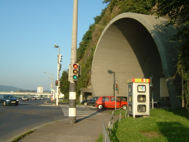 On the way into Linz. The sign for my hotel pointed into that tunnel, which is for motor traffic onl...