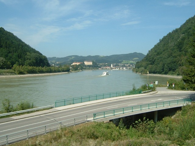 A Danube pleasure cruiser heading towards the town of Grein.