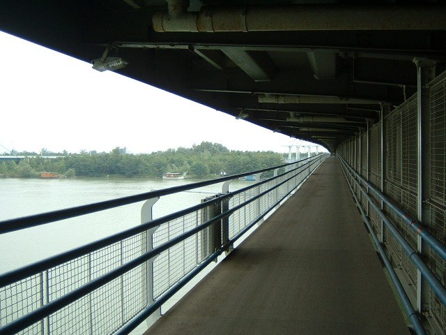 Crossing the Danube on a cycle lane suspended under Prater Bridge.