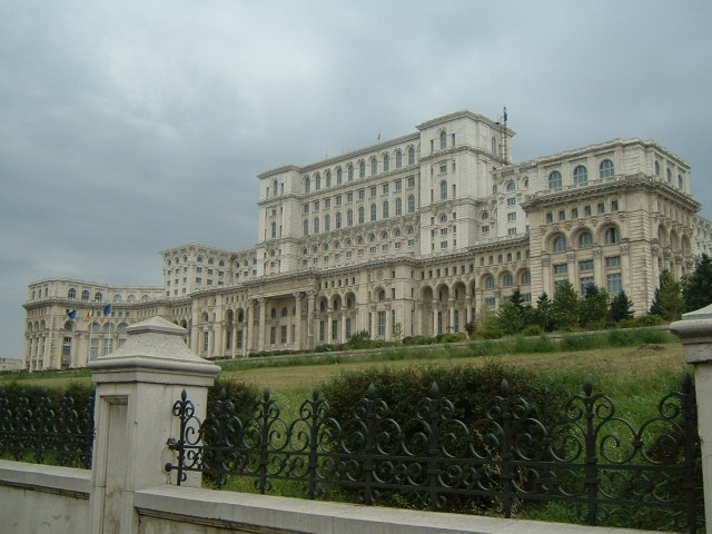 The front of the Palace of Parliament. It seems a bit cheeky of them to be flying a European Union f...