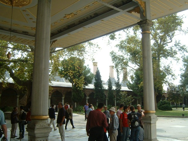 The chimneys of the Palace kitchens, which now house a display of Chinese pottery, seen across the S...