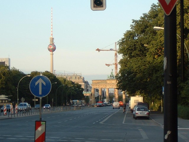 Heading towards the Brandenburg Gate. Unlike the traffic lanes, the cycle lane carries on straight t...