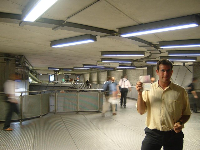 Showing off my Russian visa in the rather eerie Underground station at Westminster.