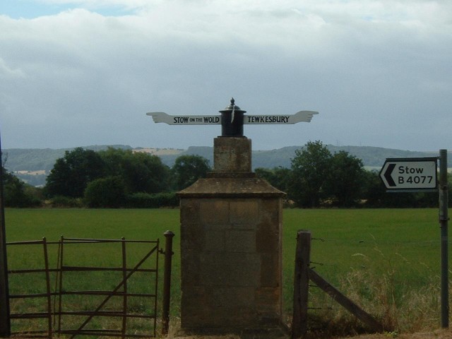 The finger post at Teddington Hands on the road from Tewkesbury to Stow.