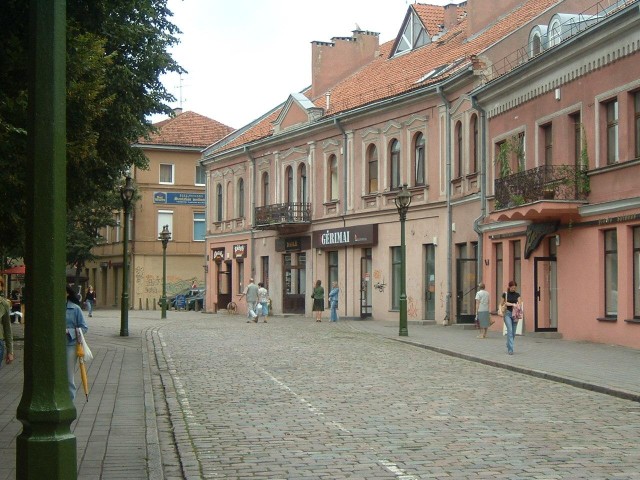 Part of Kaunas' old town. It's interesting that the road appears to curve straight into the front of...