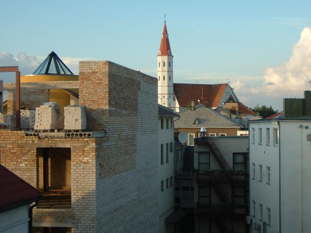 A view of the St. Peter & Paul Church from the Hotel Saulys in Siauliai.