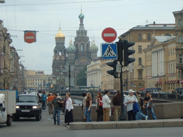 The Griboedova Canal and the Church on Spilled Blood, seen from Nevsky Prospekt, the city's main sho...