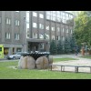 The Weeping Cornflower monument in Tartu, with the former KGB cells in the background.