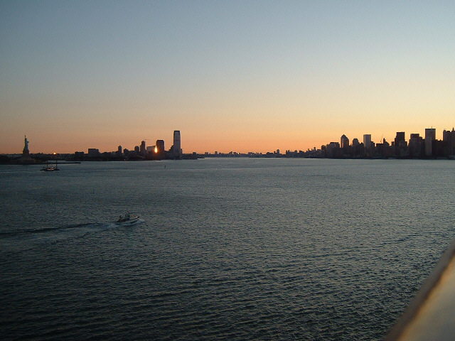 New York harbour at sunrise.
