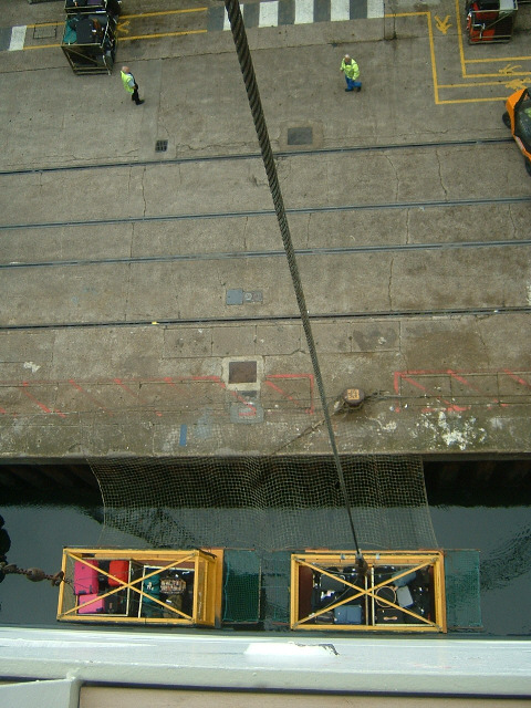 This is how lugage gets onto the boat. My bike must have come across in one of these cages.