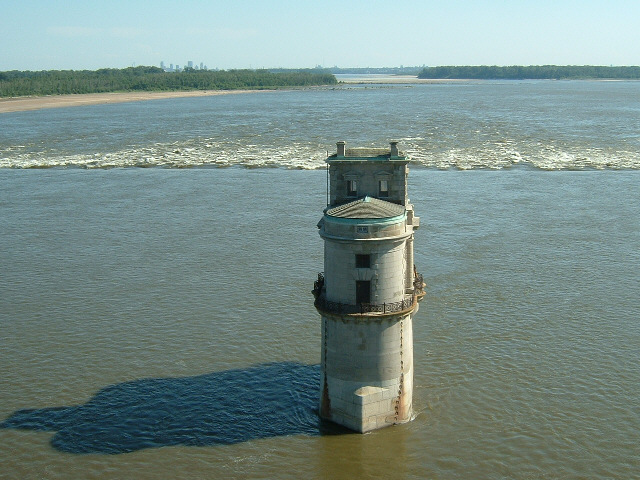 One of the water intakes, with central St. Louis in the distance.