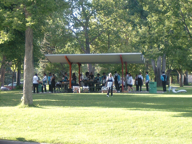 A marching band assembling in the park.