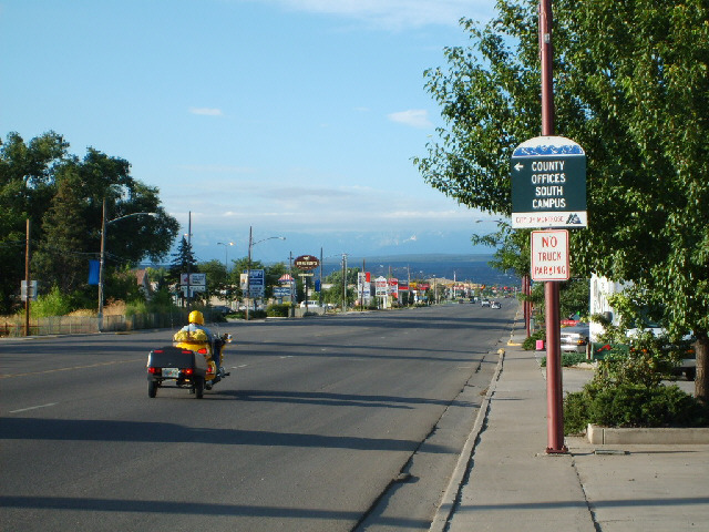 The road out of Montrose, featuring one of the motorcycle-trailer combinations which are popular aro...