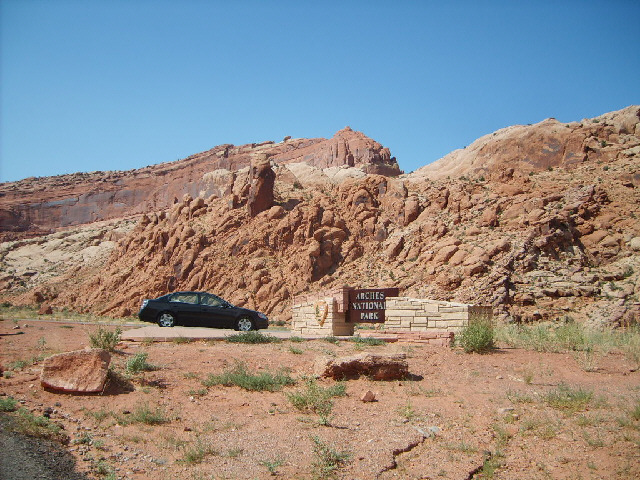 The entrance to Arches National Park, as it says.