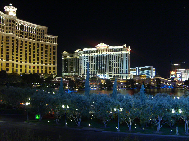 There's the Bellagio Hotel on the left, with the lake for its fountains in front of it. They don't s...