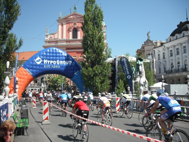 This is the start of the 97 km event in the Franja Marathon, a large cycling event. There were hundr...