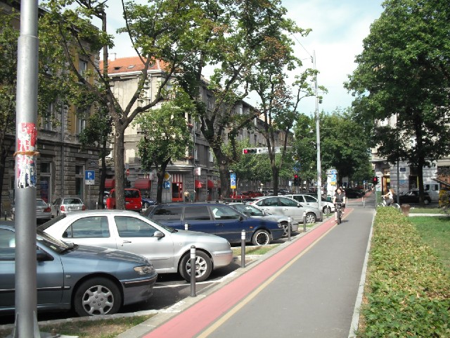 Cycle lanes, such as the red strip here, are rare in Zagreb. People seem to cycle on the pavements a...