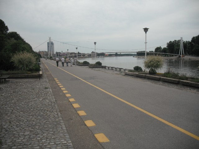 Osijek's promenade. This seems to be a very civilised town. The bridge is for pedestrians and cyclis...