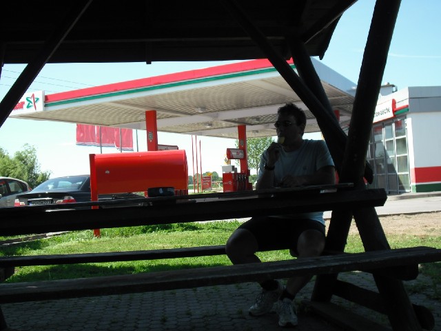 This petrol station has its own little seat in the shade. It's also downwind of the car wash, which ...