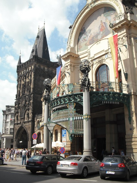 The Municipal house on the right and the Powder Tower on the left.