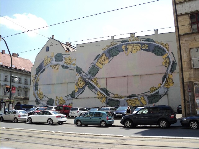 A mural near the shopping area. It goes round a corner so it doesn't look quite right from this angl...