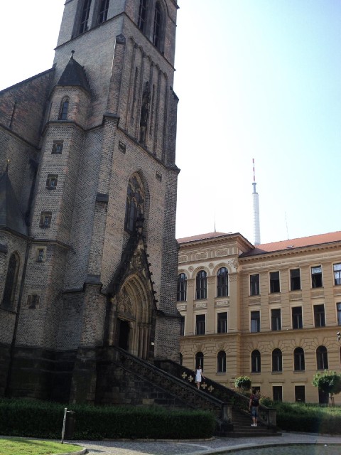 St. Procopius' church, with the top of the television tower in the background.