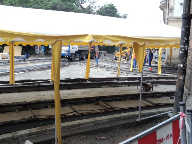 The tram lines are being replaced in this part of Krakow.