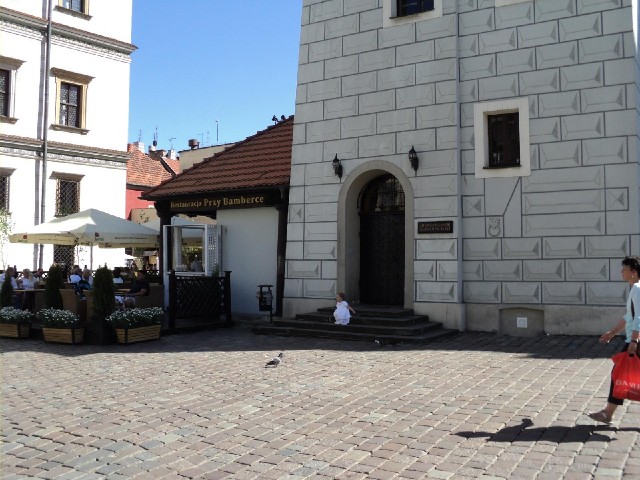 This little girl seemed to be happy playing with the pigeons.