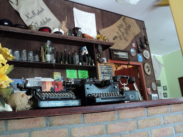 Some of the old technology on display at the hotel's reception.