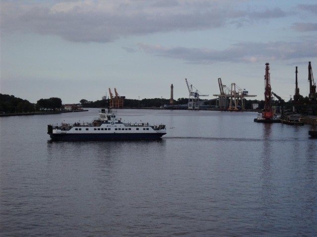 One of the cross-river ferries seen from the deck of the ferry to Copenhagen. In the middle of the p...