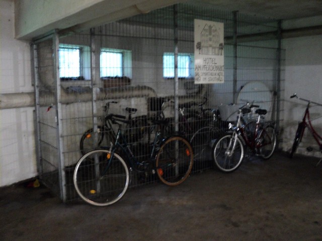 The bike storage for tonight's hotel. It wasn't easy to find. I think the receptionist was ambitious...