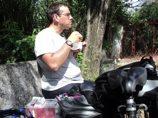 My breakfast picnic. I brought four burgers along to eat on the ride today but wasn't that hungry an...