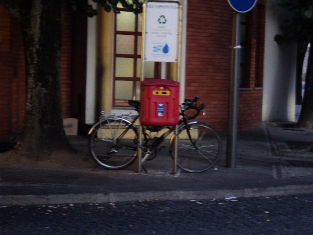 The best place I could find to lock the bike in Castelo Branco was to this dog waste bin.