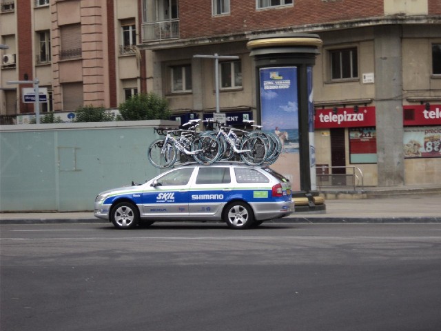 One of a few vehicles which obviously belonged to the came cycling team.