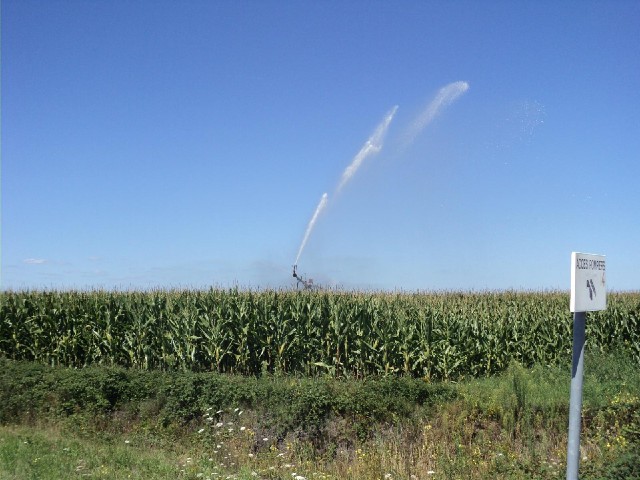 The end of one of the long crop irrigators.