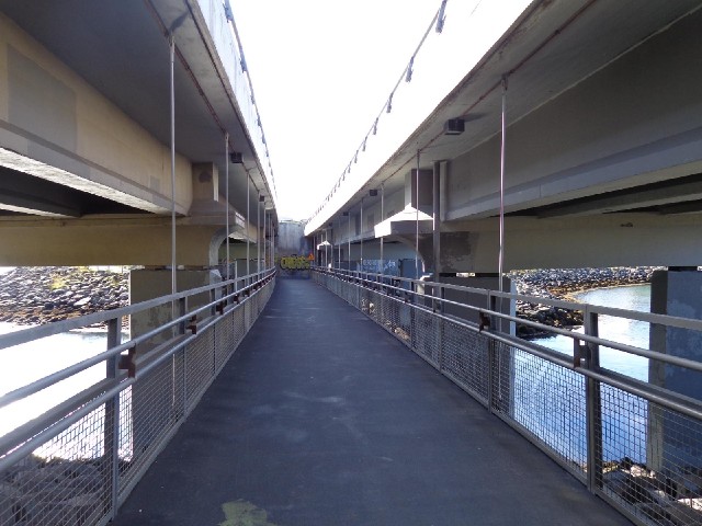 The footpath of a bridge.