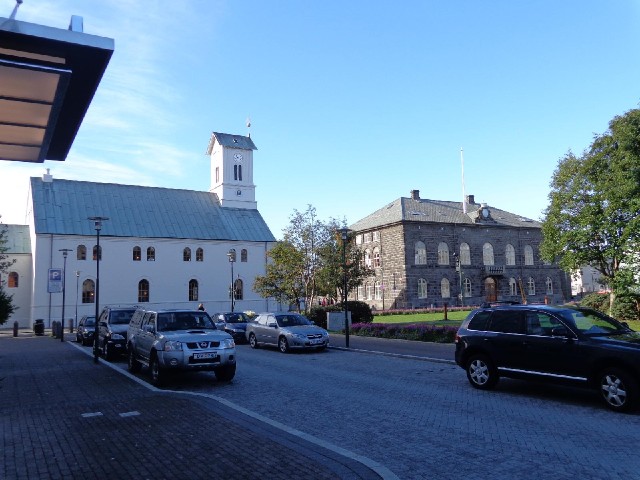 Reykjavik Cathedral on the left and the parliament building on the right.