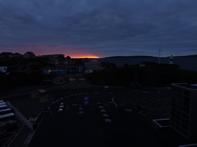Faroese car park with sunrise.