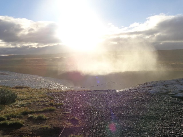 Sun shining through the mist rising from Gullfoss.