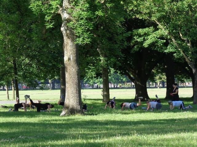A gym class in the park.