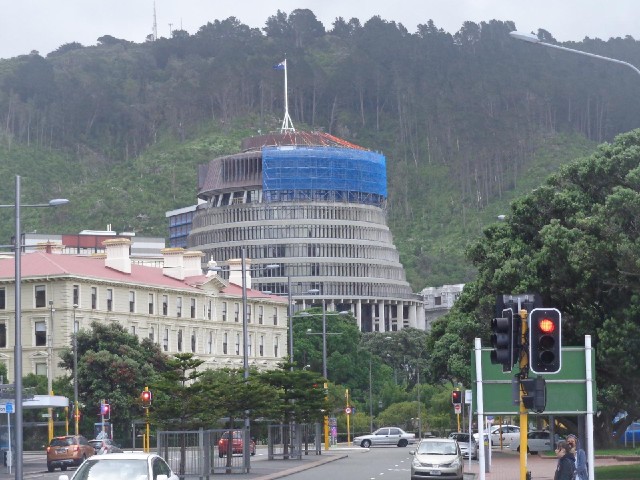 The New Zealand parliament building, known as the Beehive.