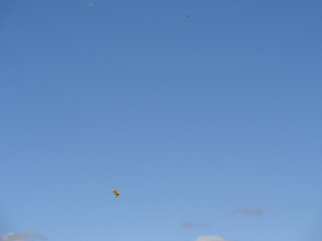Tandem parachutists. At the top of the picture, you can see the plane which dropped them.