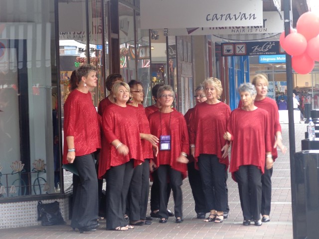 A chorus performing in the street. They might have been easier to hear if they had chosen to stand i...