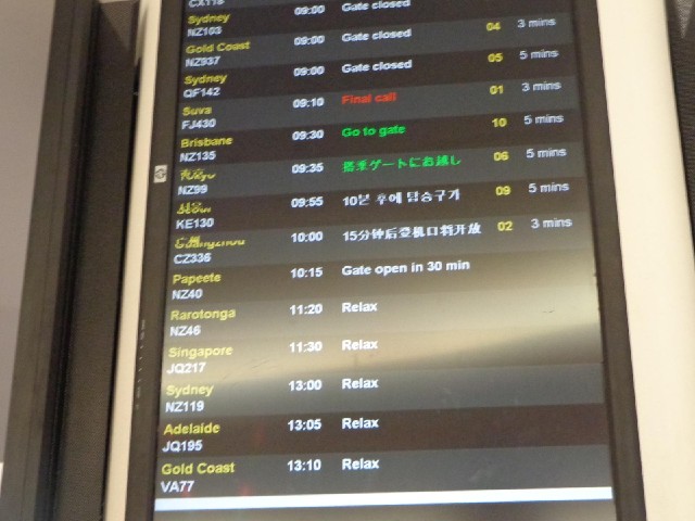 I like how the departure boards tell passengers for later flights to just relax. Like at Christchurc...